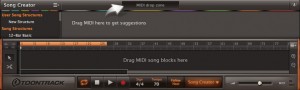 ▲画面④　“Song Creator”のインターフェース。上の“Drag MIDI here to get suggestions”と記されたウィンドウに好みのMIDIフレーズをドロップすると、それに合ったIntro/Chorusなどパート別のMIDIフレーズを数パターンずつ表示。それらを選択して下のSong Trackウィンドウに並べていくことで、流れのあるリズム構成を手軽に組める