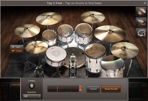 ▲画面② “Tap 2 Find”のインターフェース。キットをたたいて1小節のパターンを入力(クオンタイズにも対応)。下の“Show Results”ボタンを押すと、打ち込んだパターンと近いMIDIフレーズを検出してくれる