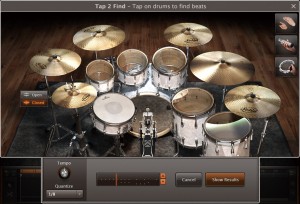 ▲画面②　“Tap 2 Find”のインターフェース。キットをたたいて１小節のパターンを入力（クオンタイズにも対応）。下の“Show Results”ボタンを押すと、打ち込んだパターンと近いMIDIフレーズを検出してくれる