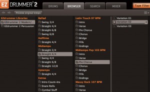 ▲画面① “BROWSER”画面。まず“Ballad”“Uptempo”など大まかな音楽カテゴリーを選んだ上で拍子や曲パートを決め込んでいくことで、条件に合致するMIDIフレーズのバリエーションが右にリスト表示される