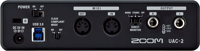 ▲リア・パネル。DC In、クラス・コンプライアント・モード・スイッチ、MIDI OUT/IN、ダイレクト・モニター・スイッチ、ライン出力L/R(フォーン)