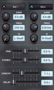▲画面① 5つあるIRの各セクションでも音作りが可能。2タイプのパラメトリックEQに加え、リバーブ音の定位を制御するPAN、音場全体の広がりを調整するSTEREO、IRのデュレーションの長短を決めるLENGTH、DELAYはリバーブのかかり始めのポイントを遅らせるディレイ・タイムを決定する