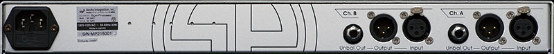 ▲リア・パネル。左より電源端子、入出力はUnbal.Out（フォーン）、Output（XLR）、Input（XLR）をCh.A/Bの2ch分備える