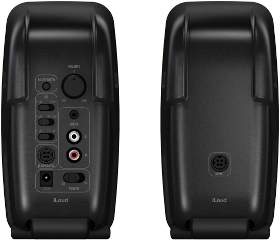◀リア・パネル。コントロール系は左のスピーカーに集中しており、左上からBLUETOOTHスイッチ、VOLUMEノブ、EQスイッチ(FLAT/DESK、FLAT/HF−3dB、FLAT/LF−3dB)、右スピーカーとの接続端子、その右がINPUT(ステレオ・ミニ、RCAピン)、下が電源端子と電源スイッチ