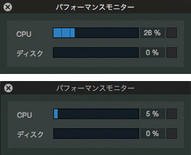 ◀画面①　上はPRESONUS Studio One 3に直接NATIVE INSTRUMENTS Kontakt 5を立ち上げた際のStudio One 3のパフォーマンス・モニターで、“CPU”の値は26％。一方、Vienna Ensemble Pro 6を介してKontakt 5を立ち上げた場合（下）は5%と、CPU負荷に大きな違いが出る