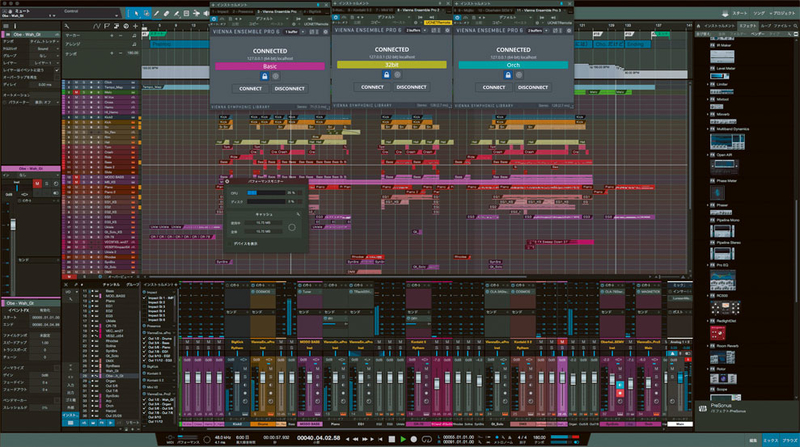 ▶画面② 筆者の実作業プロジェクトの一例。インスタンス(VEP6上のプロジェクト)は“Basic”“Orch”“32bit”の3種類を用意。オーケストラ音源を含めたプラグイン・インストゥルメントが30トラックほど立ち上がる大規模なプロジェクトだが、パフォーマンス・モニターの“CPU”の値は25〜30%で収まっている。またStudio One 3では対応していない32ビット・プラグインが扱えるようになるのも、大きなメリットの一つ