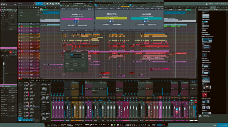 ▶画面②　筆者の実作業プロジェクトの一例。インスタンス（VEP6上のプロジェクト）は“Basic”“Orch”“32bit”の３種類を用意。オーケストラ音源を含めたプラグイン・インストゥルメントが30トラックほど立ち上がる大規模なプロジェクトだが、パフォーマンス・モニターの“CPU”の値は25〜30％で収まっている。またStudio One 3では対応していない32ビット・プラグインが扱えるようになるのも、大きなメリットの一つ
