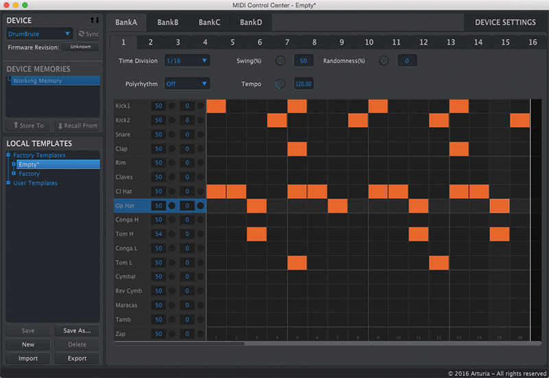 ▲画面①　ARTURIAのハードウェア製品の設定などを行うMac/Windows対応のMIDI Control Center。DrumBruteのパターン作成や保存、パターンを組み合わせてのソング作成、設定などを大画面で行えるのは便利だ