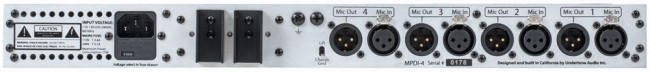 ▲MPDI-4のリア・パネルには、各チャンネルのマイク・インやマイク・アウト(いずれもXLR)のほか、グラウンド・リフト・スイッチが備わっている