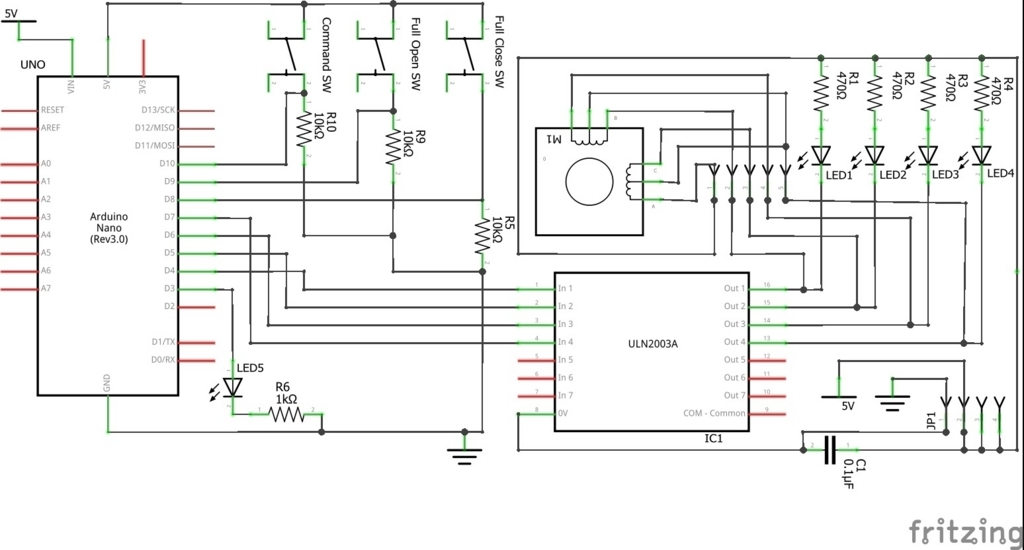 Arduinoと28BYJ-48を使う回路図。車用 電動スライド開閉式テーブルの自作。