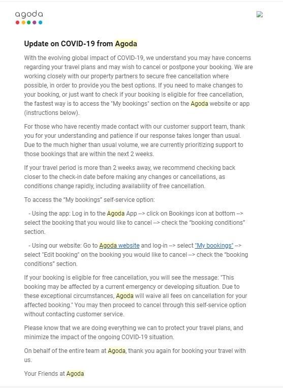 agodaからの新型コロナウィルス対応に関するメール