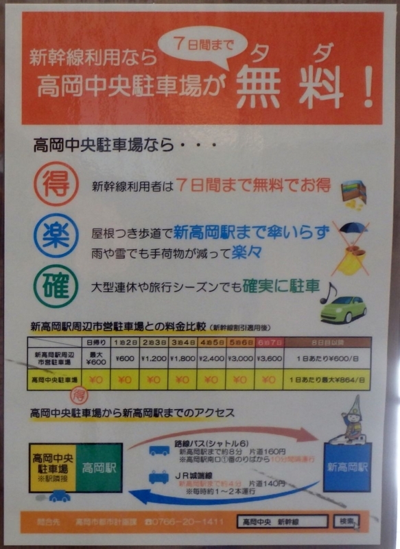新高岡駅での掲示 高岡中央駐車場が7日間まで無料