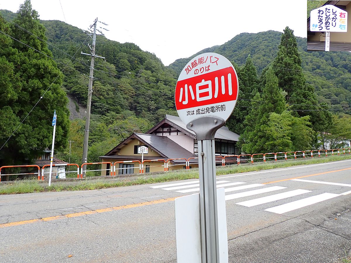 加越能バス 小白川バス停 横断歩道を渡った先に「右左右 しっかりたしかめてわたろう!! 上平小PTA」と書かれている。「上平」は平成の大合併前にあった旧自治体名。