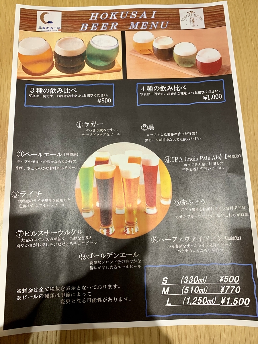 北斎麦酒醸造所のビールメニュー