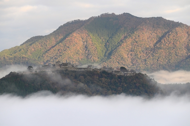秋の紅葉した山々と雲海に浮かぶ兵庫県朝来市の竹田城跡(天空の城)の絶景