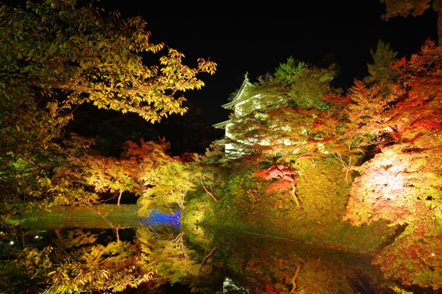 秋の弘前公園の紅葉ライトアップと水面に映る幻想的な景色
