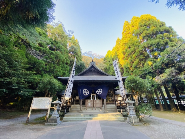 鹿児島県日置市の徳重神社の参道と社殿の写真。秋の妙円寺詣りで人気の歴史ある神社で、木々に囲まれた静かな雰囲気がシニアの鹿児島観光におすすめのスポット。