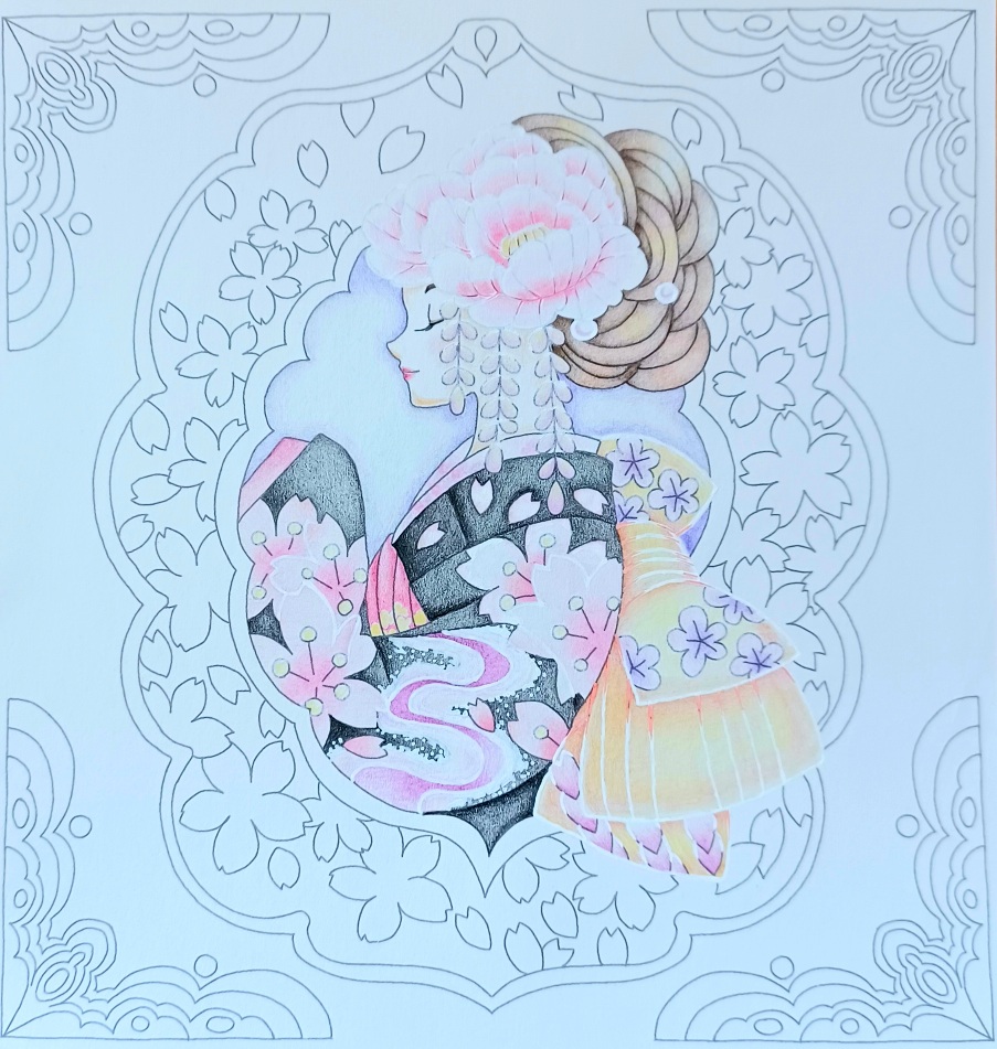 ダイソー塗り絵 着物ページ 塗り絵さんぽ