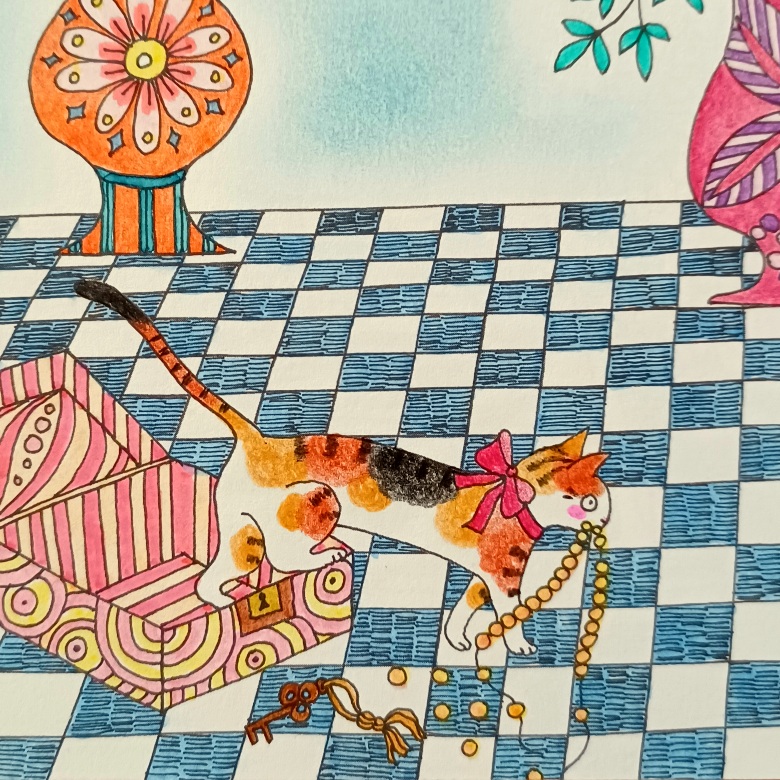 竹脇舞衣 ねこイラスト 原画 完成『花の館・壺と月とワンニャンページ』 - 塗り絵さんぽ