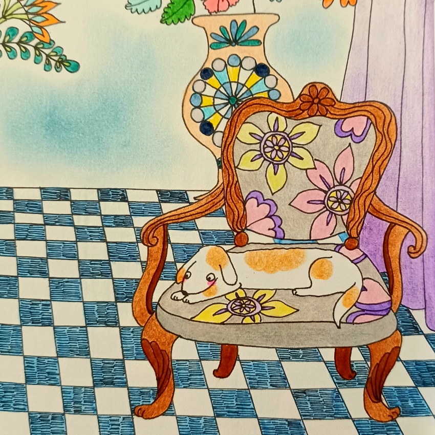 竹脇舞衣 ねこイラスト 原画 完成『花の館・壺と月とワンニャンページ』 - 塗り絵さんぽ