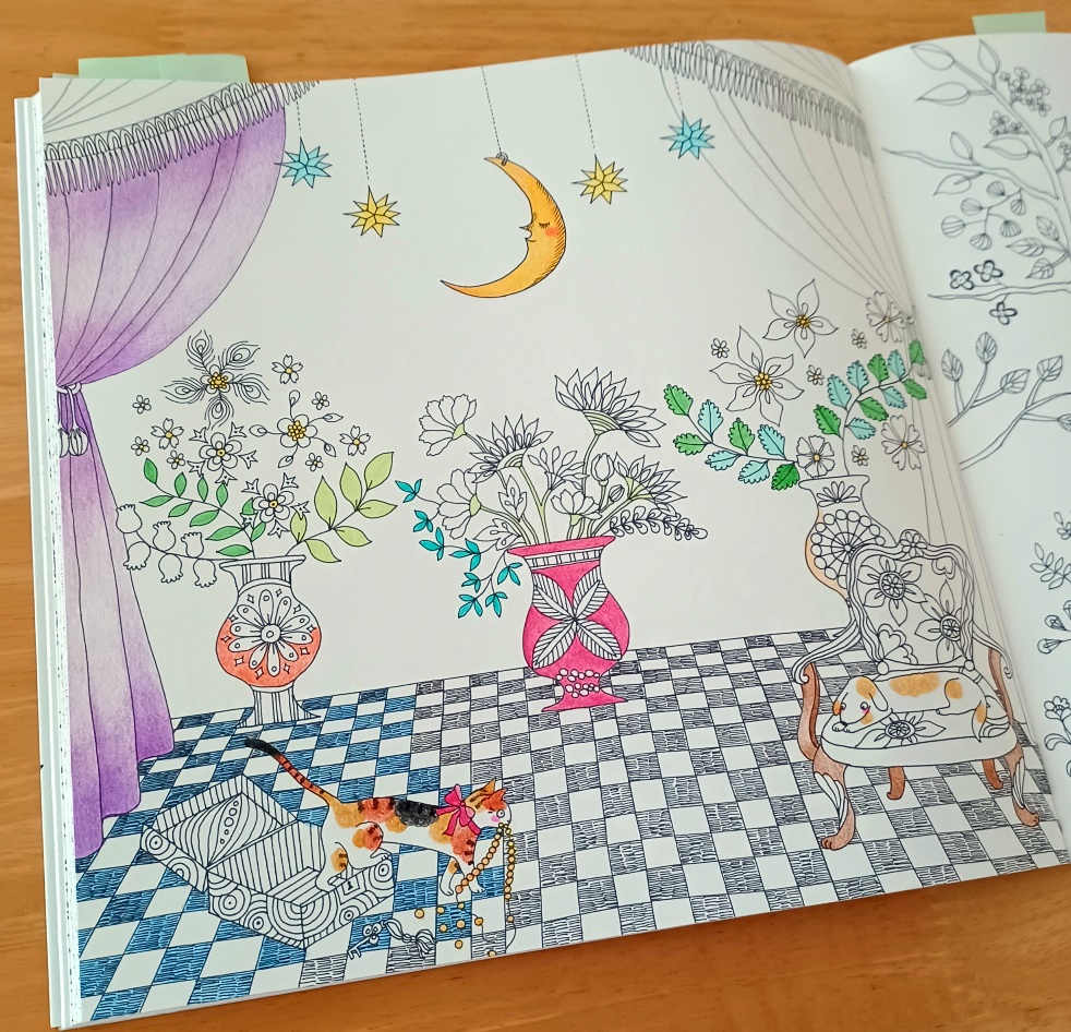 完成『花の館・壺と月とワンニャンページ』 - 塗り絵さんぽ