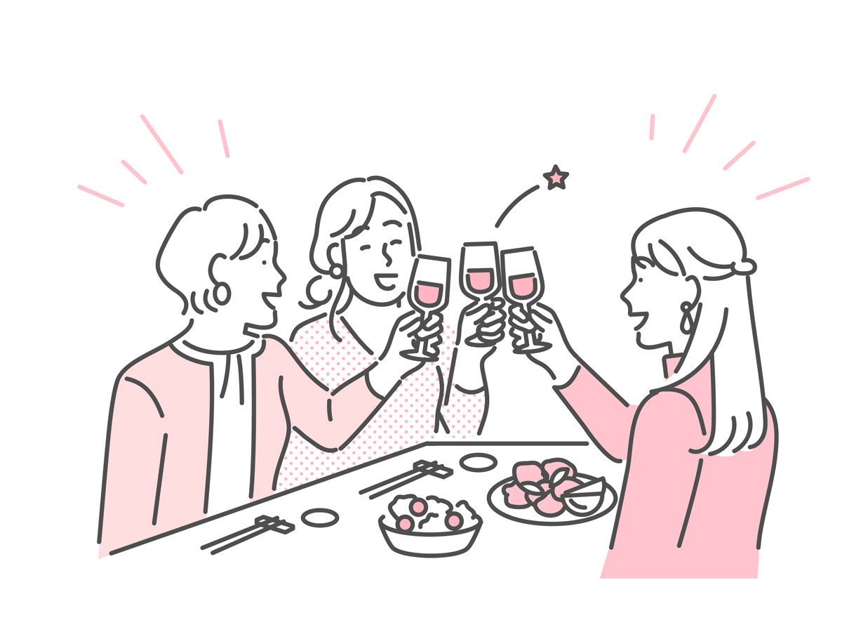 女性3人がグラスを持ち乾杯しているイラスト