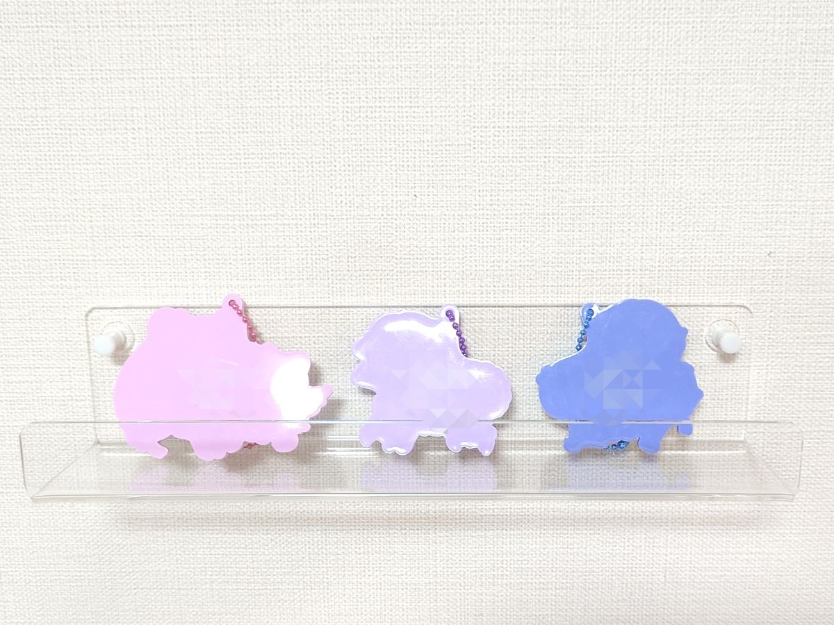 無印良品　壁に付けられるアクリルディスプレイ　コの字型にラバストを飾った画像