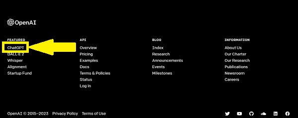 OpenAIホームページ フッター＆サイトマップ画面「ChatGPT」