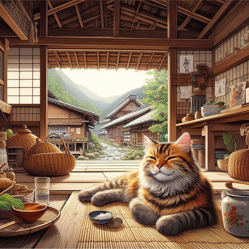 日本の田舎の古民家で寝転ぶ猫