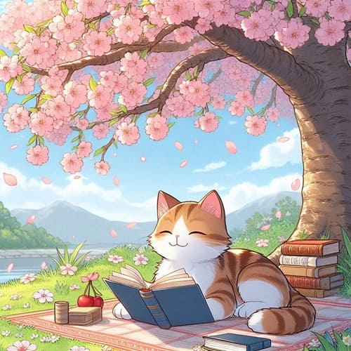 桜の木の下で読書する猫