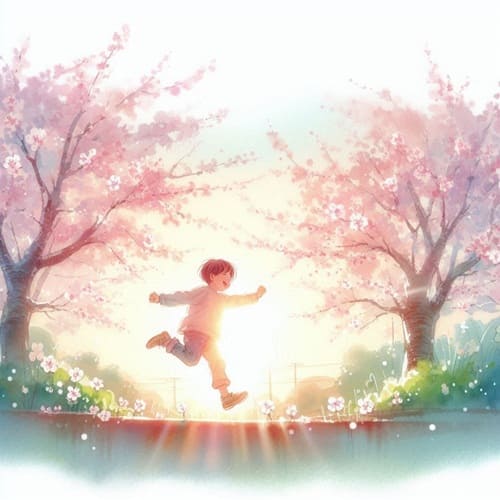 春の光の中で遊ぶ子供
