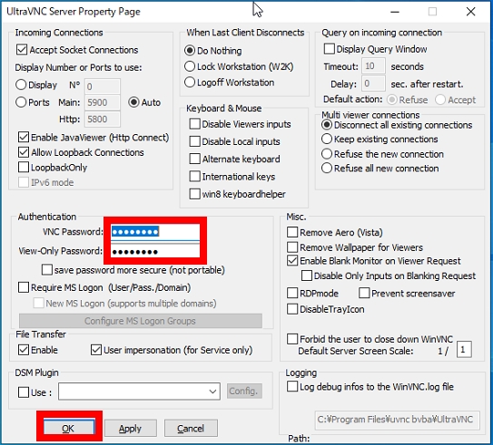 UltraVNC Serverの管理プロパティ画面 UltraVNC Serverの管理プロパティ画面