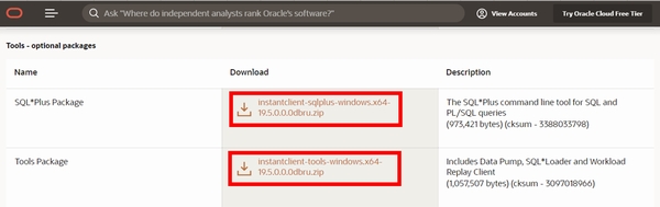 Oracle Instant Clientのzipファイルをダウンロード