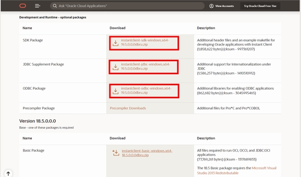 Oracle Instant Clientのzipファイルをダウンロード Oracle Instant Clientのzipファイルをダウンロード