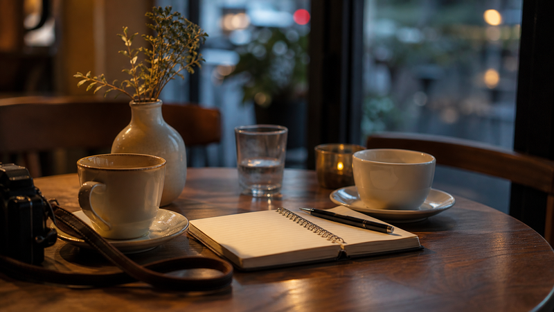 会話とメモのあるカフェテーブルのイメージ