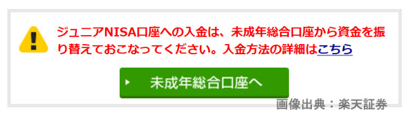 楽天証券のジュニアNISA口座、資金振り替えについての画像