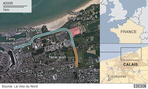 BBCが報じたフランス・カレーに建設予定の壁 画像:BBCが報じたフランス・カレーに建