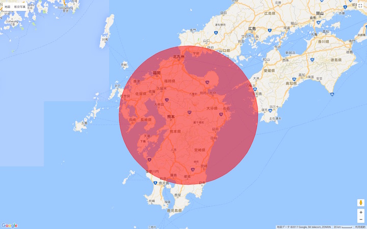 画像：阿蘇山から半径140キロの範囲