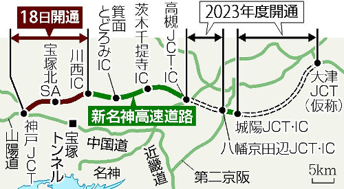 新名神高速道路の開通区間(読売新聞より) 画像:新名神高速道路の開通区間(読売新聞より)