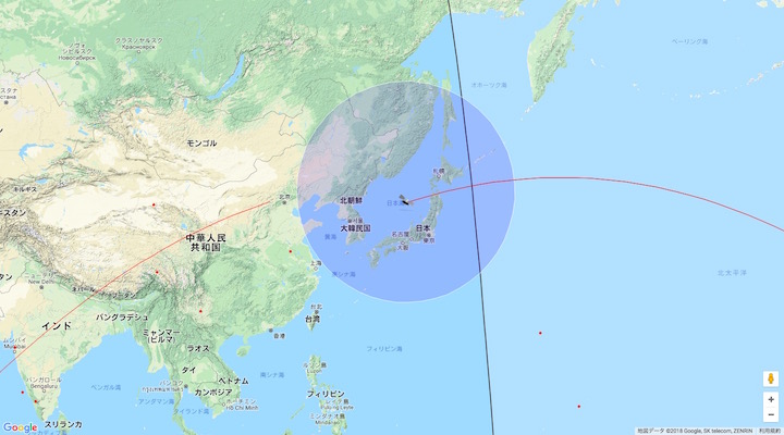 『天宮1号』の予想位置:4月1日午前5時1分頃(日本時間) 画像:『天宮1号』の予想位置:4月1日午前5時1分頃(日本時間)