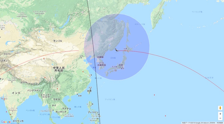 『天宮1号』の予想位置:4月1日午前6時34分頃(日本時間) 画像:『天宮1号』の予想位置:4月1日午前6時34分頃(日本時間)