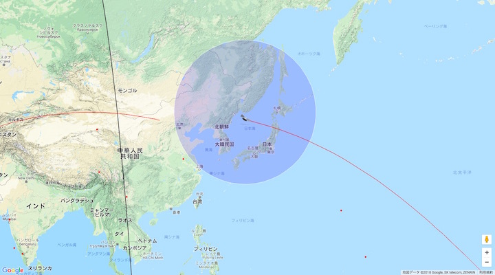 『天宮1号』の予想位置:4月1日午前8時6分頃(日本時間) 画像:『天宮1号』の予想位置:4月1日午前8時6分頃(日本時間)