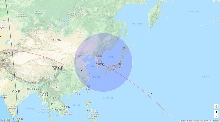 『天宮1号』の予想位置:4月1日午前9時37分頃(日本時間) 画像:『天宮1号』の予想位置:4月1日午前9時37分頃(日本時間)