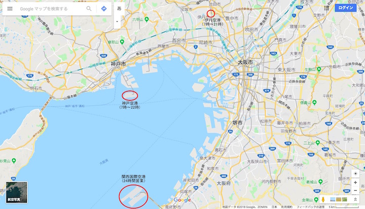 画像：関西３空港の位置関係（Google Mapより）