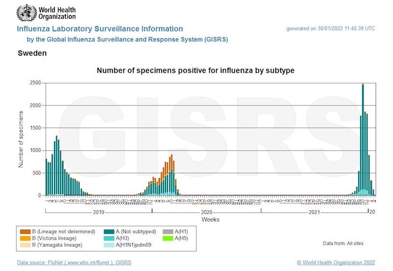 スウェーデンでのインフルエンザの感染状況(2019年以降) スウェーデンでのインフルエンザの感染状況(2019年以降)