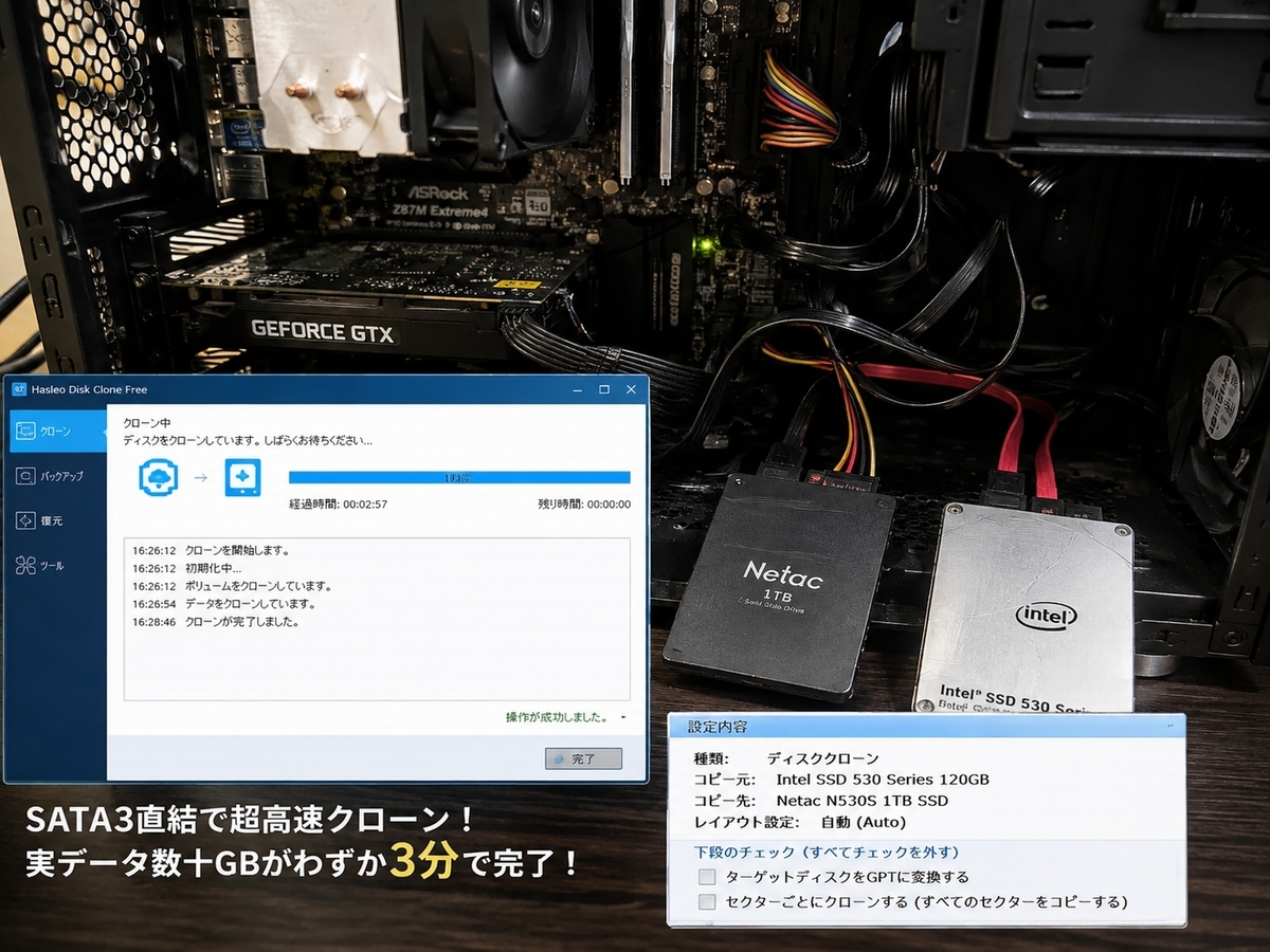 自作PC ハズウェル・ガイ PC windows10 アップグレード SSD クローン