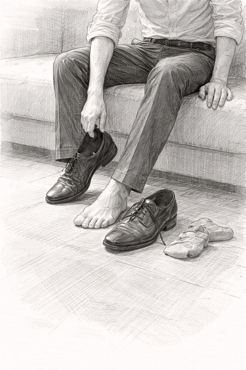 革靴を脱ぎソファに座っている男性のモノクロ画像