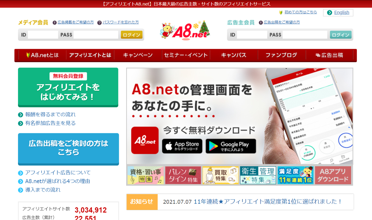 アフィリエイト初心者の方におすすめ「A8.net」
