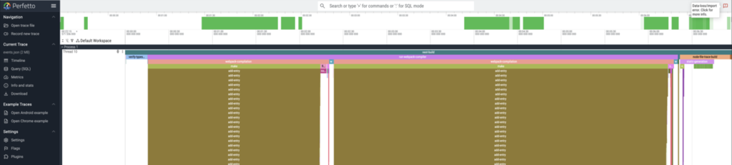trace のグラフが表示されている。next-build, run-webpack-compiler, webpack-compilation, add-entry などの event が見える。