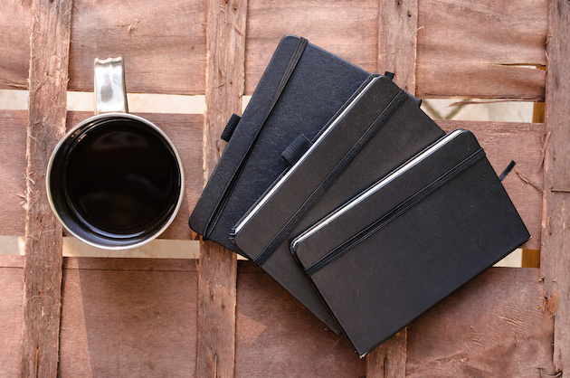 cup of coffee with notepads